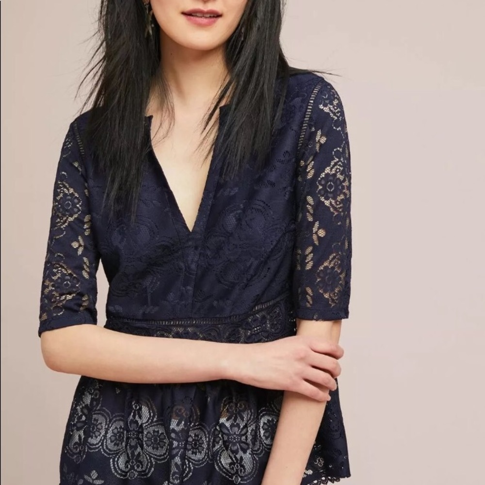 Anthropologie XXS Navy Blue Mae Lace Peplum Top